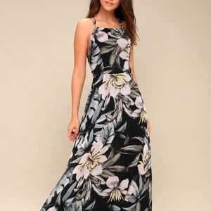 Love Abloom Black Floral Print Lace-Up Maxi Dress